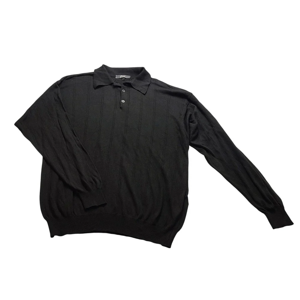 Fiii Men's Large Black Cotton Modal Knit Long Sleeve Polo Sweater‎ Made in Italy